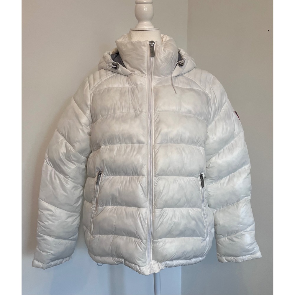 Guess Hooded Puffer Jacket Womens Large White Quilted Winter Coat Y2K Style